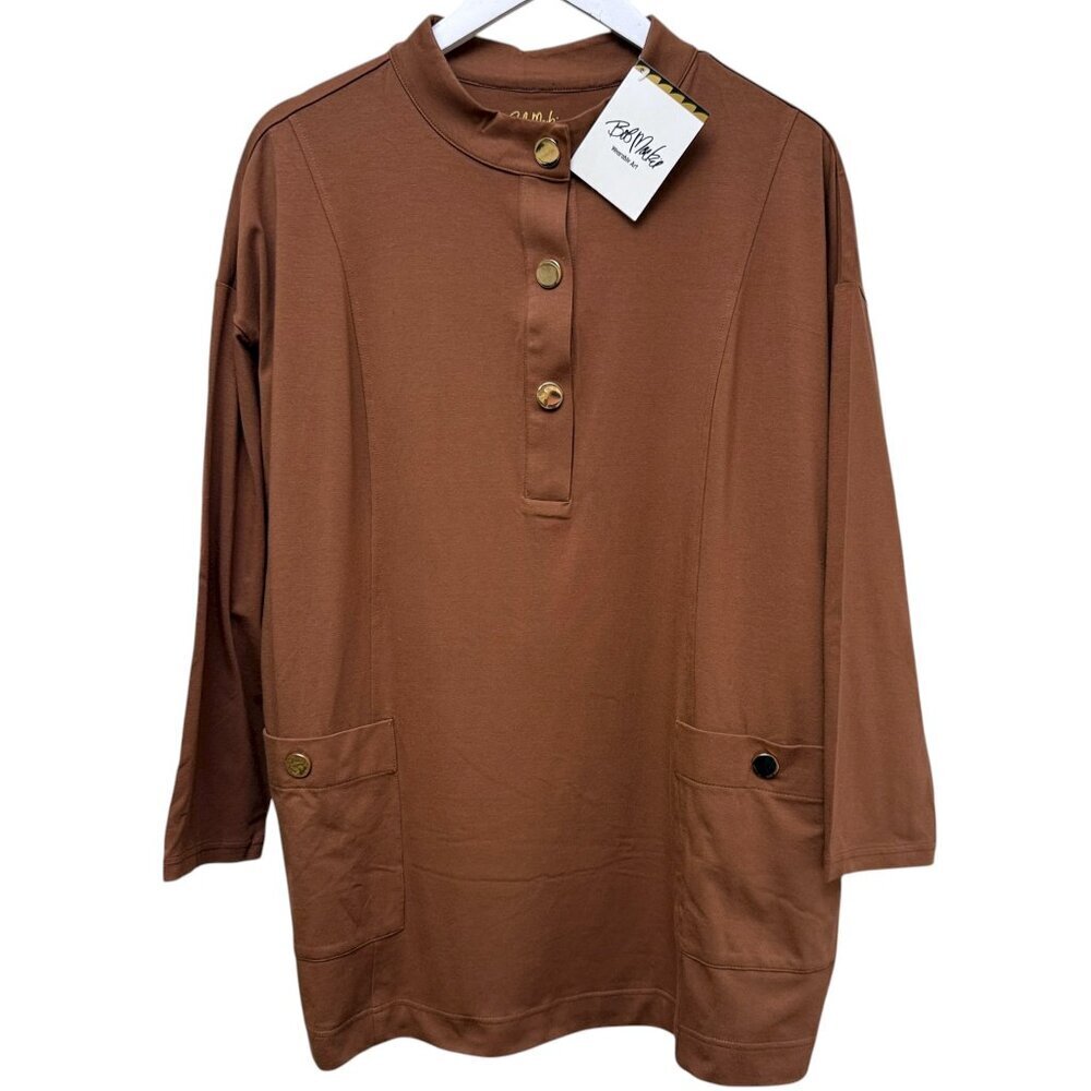 BOB MACKIE Womens Top XL Brown Artsy Tunic Tee Gold Buttons Pocket